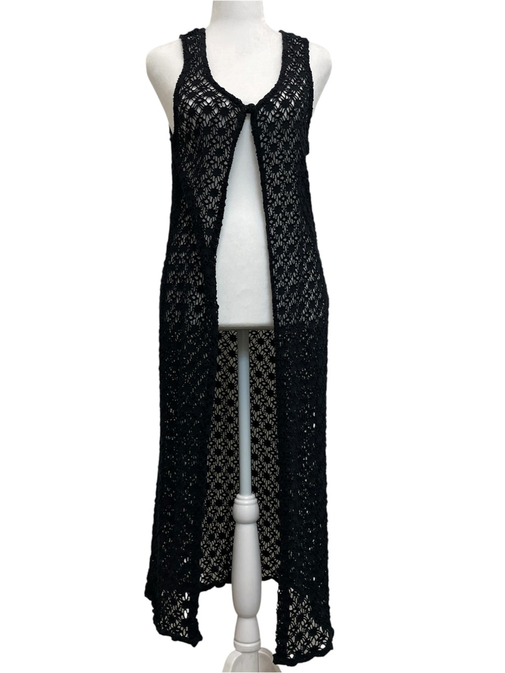 Aqua Blues Vintage 90s Black Crochet Knit Sleeveless Duster Cardigan